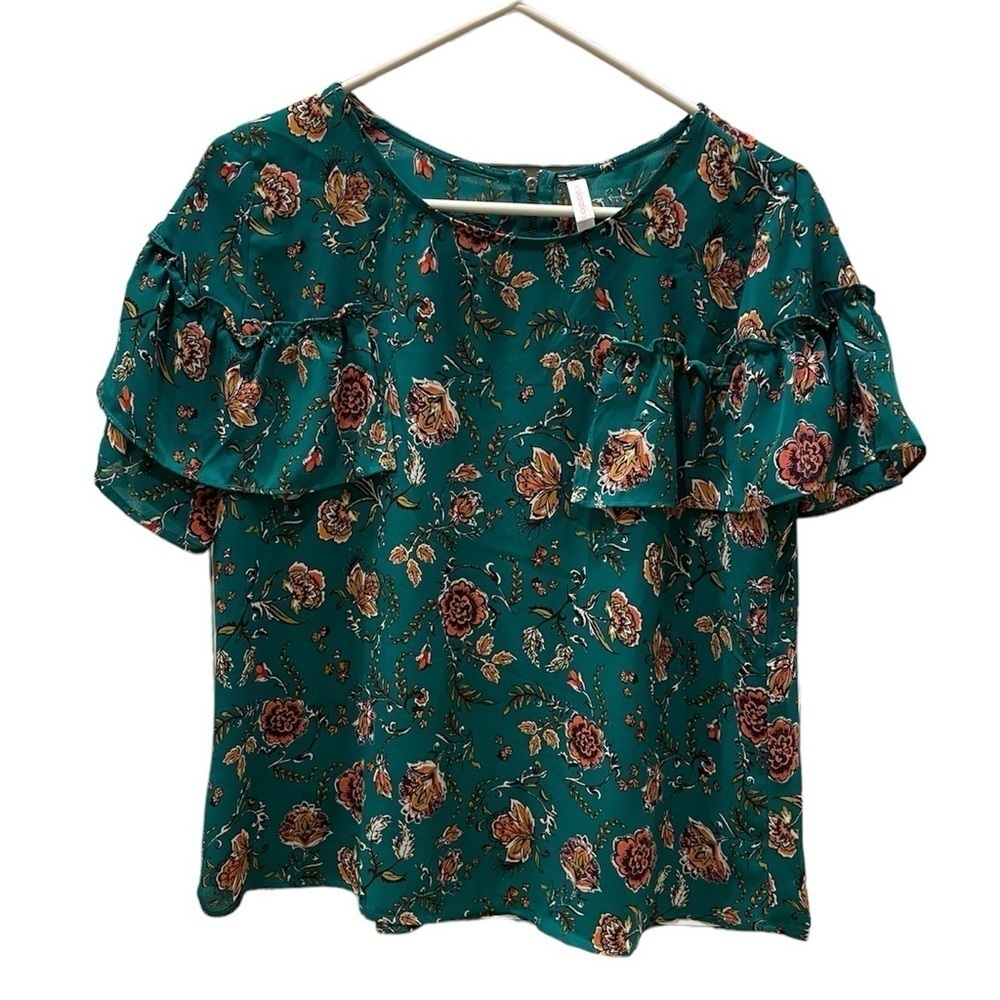 Women Xhilaration Green Short Ruffle Sleeve Floral Blouse